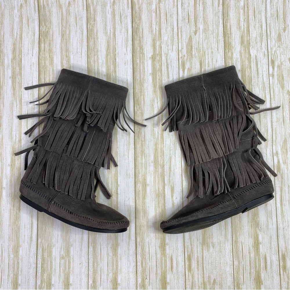Minnetonka Gray Suede Three Layer Fringe Boots